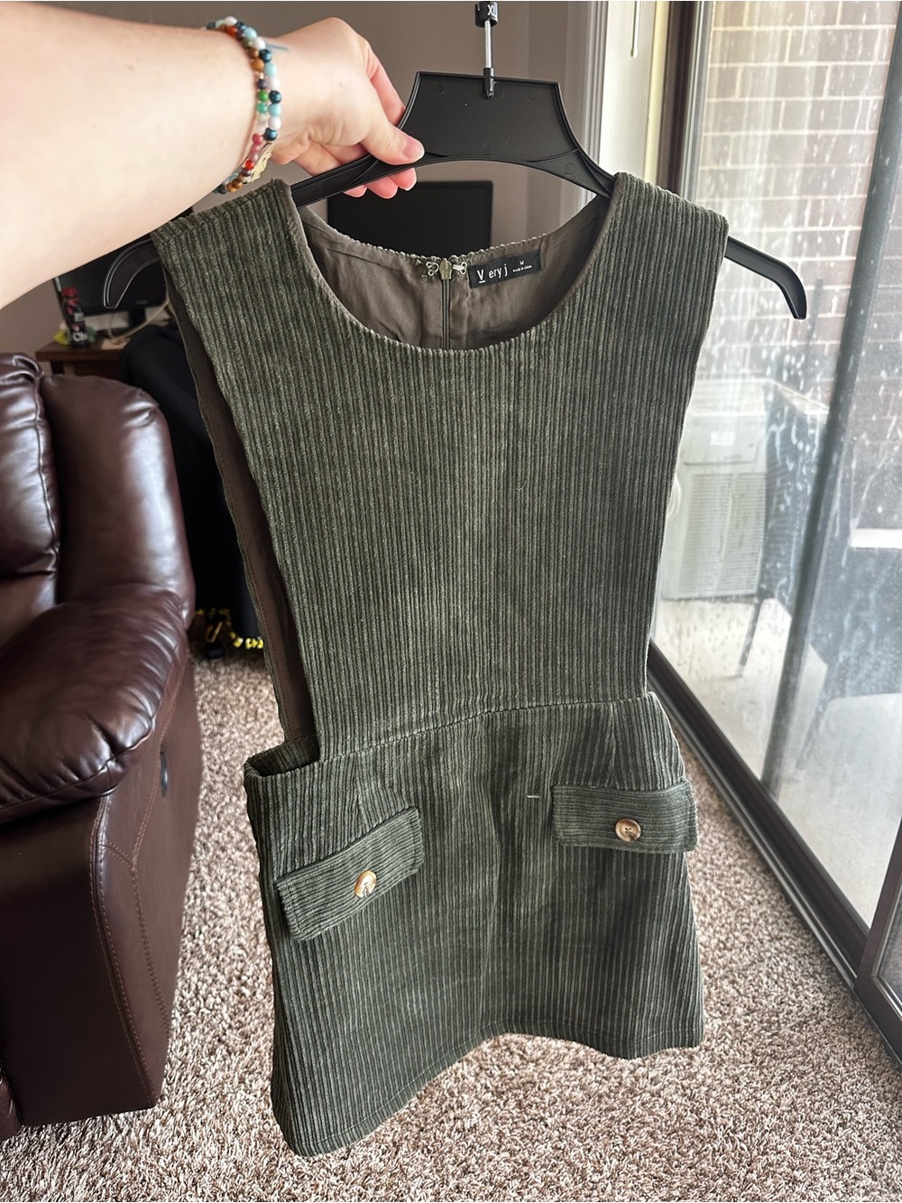 Sleeveless Olive Corduroy Mini Dress with Pocket Details